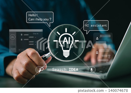 Ai assistant smart technology virtual help artificial intelligence innovation for digital communication productivity modern interaction improves search idea results on laptop screen 140074678