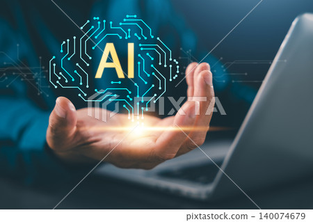Human hand holds ai technology artificial intelligence robot smart circuit brain over laptop computer, digital innovation empowers future business growth and neural network analyzes data 140074679