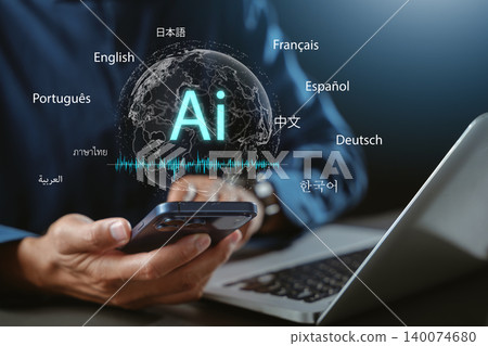 Ai technology application for automatic translation system supports multilingual communication via smartphone and laptop, artificial intelligence translator concept features digital globe 140074680