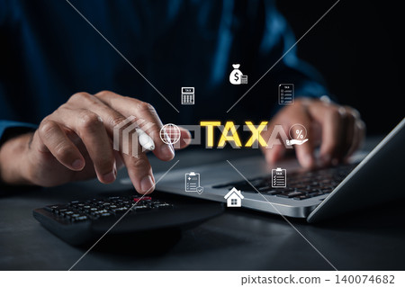 Tax calculation for income tax return online shows person using laptop with calculator, financial data analysis processing government state taxes payment via digital system platform filing Tax calculation for income tax return online shows person using laptop with calculator, financial data analysis processing government state taxes payment via digital system platform filing 140074682