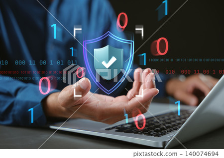 Secure online access, network protection on laptop using password, privacy and information safety is ensured by digital shield icon amid floating holographic blue binary code data system Secure online access, network protection on laptop using password, privacy and information safety is ensured by digital shield icon amid floating holographic blue binary code data system 140074694