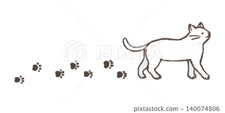 Illustration of a cat walking and leaving footprints; illustration of a white cat walking. Illustration of a cat walking and leaving footprints; illustration of a white cat walking. 140074806