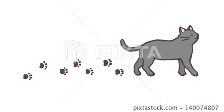 An illustration of a cat walking and leaving footprints. An illustration of a gray cat walking. 140074807