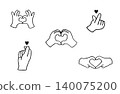 A set of illustrations of various hand poses, including a set of illustrations of hands making a heart shape (hand-drawn). 140075200