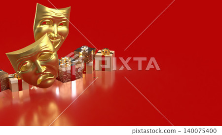 Golden Theater Masks with Festive Gifts 3d render. Golden Theater Masks with Festive Gifts 3d render. 140075400