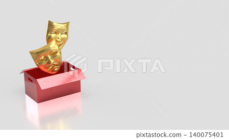 Golden Theater Masks in Red Gift Box 3d render. 140075401