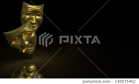 Golden Theater Masks in Dramatic Darkness 3d render. Golden Theater Masks in Dramatic Darkness 3d render. 140075402