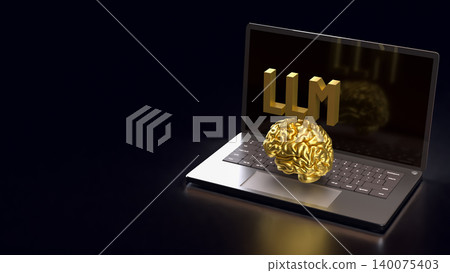 Golden Brain and LLM Laptop Concept 3d render. Golden Brain and LLM Laptop Concept 3d render. 140075403