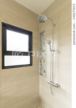 beautiful walk-through stone tile shower with dual shower heads beautiful walk-through stone tile shower with dual shower heads 140075653