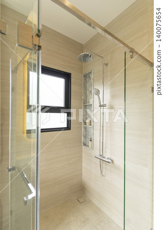 beautiful walk-through stone tile shower with dual shower heads beautiful walk-through stone tile shower with dual shower heads 140075654