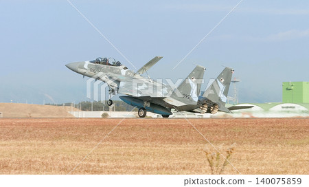 一架日本航空自衛隊F-15DJ“鷹”式戰鬥機著陸 140075859