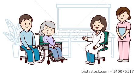 A hand-drawn style depiction of a doctor-patient consultation in an examination room. A hand-drawn style depiction of a doctor-patient consultation in an examination room. 140076117