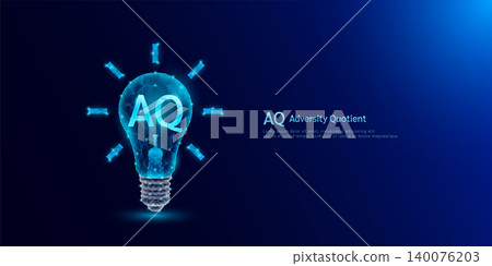 Adversity Quotient AQ symbol in light bulb style polygon glowing blue on a dark background. Emotional intelligence balance of child brain. Leadership development growth concept. Vector. Adversity Quotient AQ symbol in light bulb style polygon glowing blue on a dark background. Emotional intelligence balance of child brain. Leadership development growth concept. Vector. 140076203