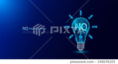 NQ Natural Quotient symbol in light bulb style polygon glowing blue on a dark background. Emotional intelligence balance of child brain. Leadership development growth concept. Vector. NQ Natural Quotient symbol in light bulb style polygon glowing blue on a dark background. Emotional intelligence balance of child brain. Leadership development growth concept. Vector. 140076205