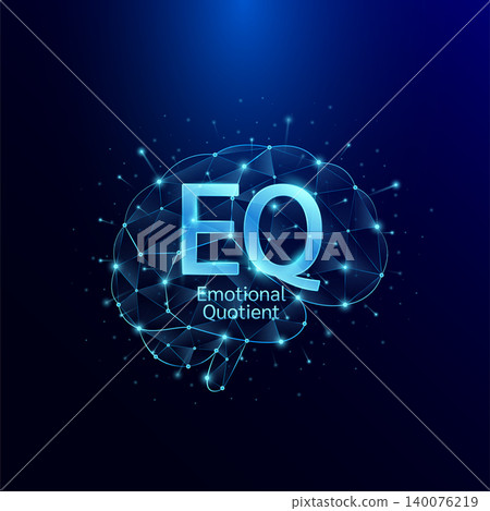 Emotional Quotient EQ symbol in brain human. Style polygon glowing blue on a dark background. Intelligence balance of child. Leadership development growth concept. Vector. Emotional Quotient EQ symbol in brain human. Style polygon glowing blue on a dark background. Intelligence balance of child. Leadership development growth concept. Vector. 140076219