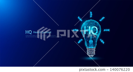 Health Quotient HQ symbol in light bulb style polygon glowing blue on a dark background. Emotional intelligence balance of child brain. Leadership development growth concept. Vector. Health Quotient HQ symbol in light bulb style polygon glowing blue on a dark background. Emotional intelligence balance of child brain. Leadership development growth concept. Vector. 140076220