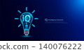 IQ Intelligence Quotient symbol in light bulb style polygon glowing blue on a dark background. Emotional intelligence balance of child brain. Leadership development growth concept. Vector. 140076222