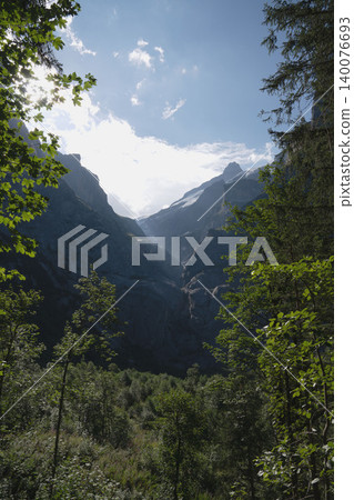 Light streaming from the Swiss forests over snow-capped mountains and valleys, and a canopy of green trees. Light streaming from the Swiss forests over snow-capped mountains and valleys, and a canopy of green trees. 140076693
