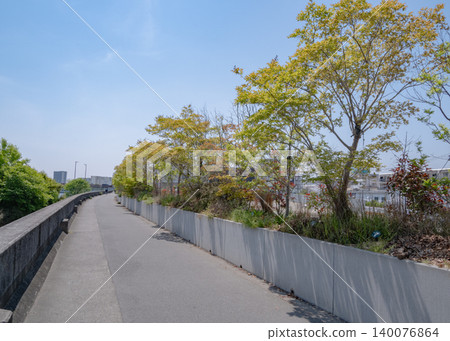 A lush, green riverside promenade stretches out under a pleasant blue sky. A lush, green riverside promenade stretches out under a pleasant blue sky. 140076864