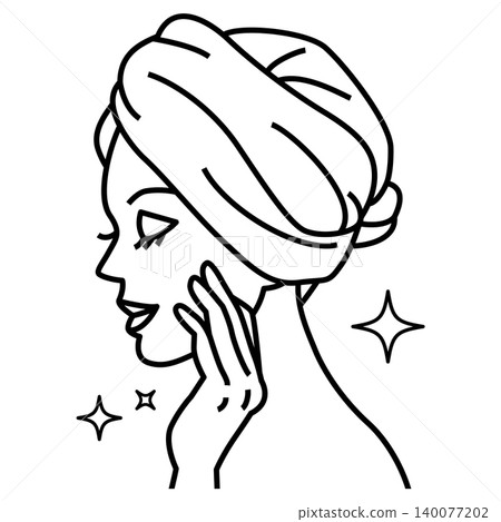 A woman's profile while doing skincare, wearing a hair turban. Beauty image, line drawing. A woman's profile while doing skincare, wearing a hair turban. Beauty image, line drawing. 140077202
