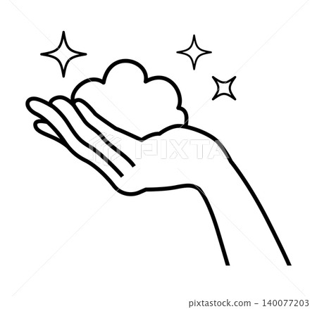 Facial cleansing foam in the palm of a hand; skincare/beauty image; line drawing. Facial cleansing foam in the palm of a hand; skincare/beauty image; line drawing. 140077203