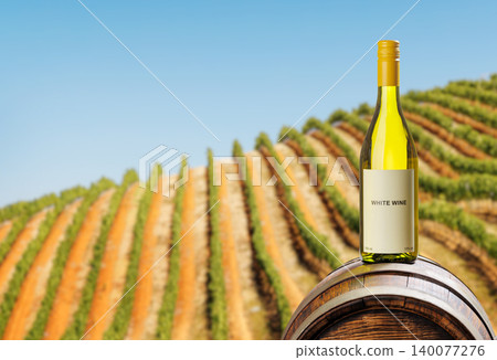 White wine bottle with vineyard background White wine bottle with vineyard background 140077276