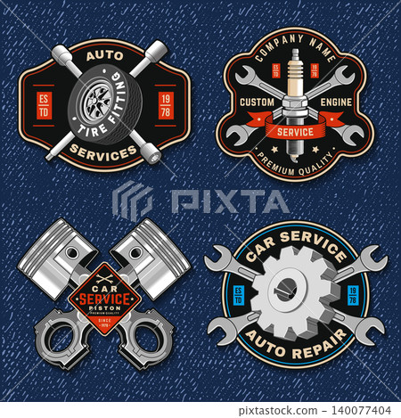 Vintage Auto Repair Badge Collection with Tire Service, Engine Pistons, Spark Plugs and Gear Emblems. Retro automotive vector patches for mechanic workshop branding, stickers and apparel. Vintage Auto Repair Badge Collection with Tire Service, Engine Pistons, Spark Plugs and Gear Emblems. Retro automotive vector patches for mechanic workshop branding, stickers and apparel. 140077404