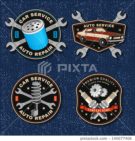 Vintage Automotive Garage Patch Collection with Shock Absorber, Oil Filter, Muscle Car and Spark Plug Badges. Retro mechanic vector emblems for auto repair branding, stickers and apparel design. Vintage Automotive Garage Patch Collection with Shock Absorber, Oil Filter, Muscle Car and Spark Plug Badges. Retro mechanic vector emblems for auto repair branding, stickers and apparel design. 140077406