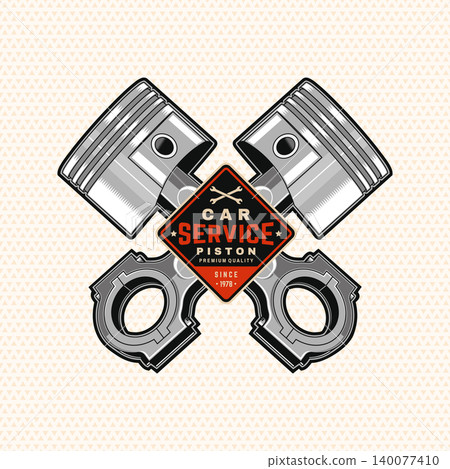 Vintage Piston Auto Service Emblem with Crossed Engine Pistons and Gear Elements in Retro Garage Style. Automotive repair vector badge for mechanic workshop branding and apparel design. Vintage Piston Auto Service Emblem with Crossed Engine Pistons and Gear Elements in Retro Garage Style. Automotive repair vector badge for mechanic workshop branding and apparel design. 140077410