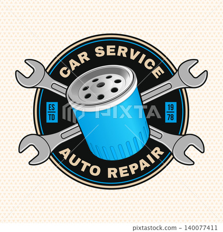 Retro Auto Repair Badge with Oil Filter and Crossed Wrenches in Vintage Garage Style. Automotive service vector emblem for mechanic workshop branding, stickers and apparel design. Retro Auto Repair Badge with Oil Filter and Crossed Wrenches in Vintage Garage Style. Automotive service vector emblem for mechanic workshop branding, stickers and apparel design. 140077411