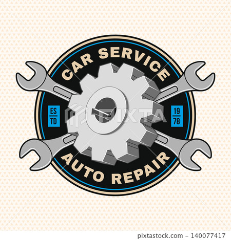 Retro Gear Auto Repair Badge with Wrenches in Vintage Automotive Garage Vector Patch Style Retro Gear Auto Repair Badge with Wrenches in Vintage Automotive Garage Vector Patch Style 140077417