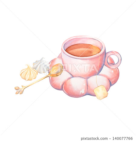A watercolor mug featuring tea and sweets. The cup, saucer, and spoon are hand-painted. A breakfast with tea and meringue. An isolated tea set with a dessert. Suitable for design, menus, and print. A watercolor mug featuring tea and sweets. The cup, saucer, and spoon are hand-painted. A breakfast with tea and meringue. An isolated tea set with a dessert. Suitable for design, menus, and print. 140077766