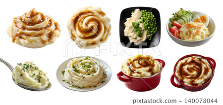 Set of mashed potato creamy fluffy mash potatoes, with gravy pea vegetable toppings salad, bowl spoon, on transparent cutout PNG. Many different style. Mockup 140078044