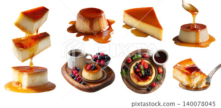 Set of caramel, flan, caramel condensed milk pudding, custard creamy baked dessert, stack broken slice pile, wooden serving board, transparent cutout PNG. Mockup Set of caramel, flan, caramel condensed milk pudding, custard creamy baked dessert, stack broken slice pile, wooden serving board, transparent cutout PNG. Mockup 140078045