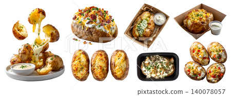 Set of jacket baked skinned potato potatoes, filled with cheese butter cream topping garnish, sliced halved broken, takeaway paper plastic box, transparent cutout PNG. Many different style. Mockup Set of jacket baked skinned potato potatoes, filled with cheese butter cream topping garnish, sliced halved broken, takeaway paper plastic box, transparent cutout PNG. Many different style. Mockup 140078057