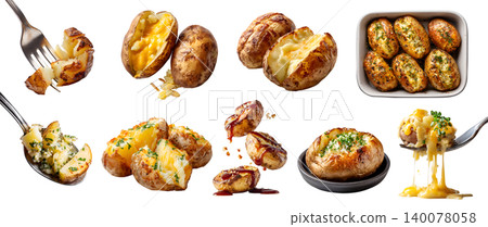 Set of jacket baked potato potatoes, fork spoon, oven pan plate, skinned with cheese garnish butter cream topping, sliced halved broken, transparent cutout PNG. Many different style Set of jacket baked potato potatoes, fork spoon, oven pan plate, skinned with cheese garnish butter cream topping, sliced halved broken, transparent cutout PNG. Many different style 140078058