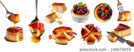 Set of custard caramel condensed milk pudding flan cake, creamy baked dessert, knife fork spoon, with fruit berries berry, stack broken slice pile, transparent cutout PNG. Many Mockup Set of custard caramel condensed milk pudding flan cake, creamy baked dessert, knife fork spoon, with fruit berries berry, stack broken slice pile, transparent cutout PNG. Many Mockup 140078059