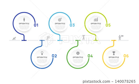 Business Infographic Timeline Template with 6 Step process, label and circle design for business and presentation Vector Illustration. Business Infographic Timeline Template with 6 Step process, label and circle design for business and presentation Vector Illustration. 140078265