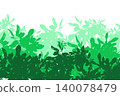 Abstract nature background featuring layered green foliage, bush silhouettes, and botanical leaves in three green tones. Decorative floral border on white background with copy space. No people. 140078479