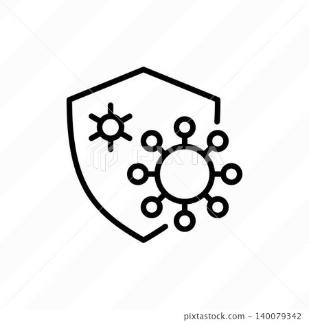 Virus protection: protecting shield, bacterias can't attack him. Immune system, vaccination, antibiotics. Thin line icon. Modern vector illustration. Virus protection: protecting shield, bacterias can't attack him. Immune system, vaccination, antibiotics. Thin line icon. Modern vector illustration. 140079342