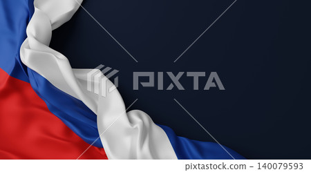 Russian flag with fabric texture on dark blue background with copy space 3D render Russian flag with fabric texture on dark blue background with copy space 3D render 140079593