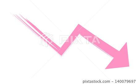 A pink downward-pointing arrow drawn with a highlighter pen; a hand-drawn image of a downward movement. A pink downward-pointing arrow drawn with a highlighter pen; a hand-drawn image of a downward movement. 140079697