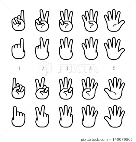 Vector icon set of hand signs (finger spelling) representing the numbers 1 through 5 (line art) Vector icon set of hand signs (finger spelling) representing the numbers 1 through 5 (line art) 140079805