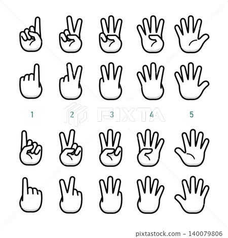 A set of vector icons representing the numbers 1 through 5 using hand signs (finger spelling), with fills. A set of vector icons representing the numbers 1 through 5 using hand signs (finger spelling), with fills. 140079806