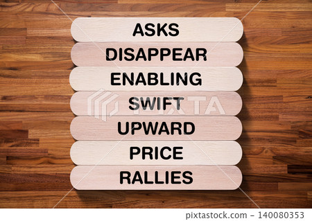 Asks Disappear Enabling Swift Upward Price Rallies tagline written on wooden stick with wooden texture background, business and investment, stock market theme, copy space Asks Disappear Enabling Swift Upward Price Rallies tagline written on wooden stick with wooden texture background, business and investment, stock market theme, copy space 140080353