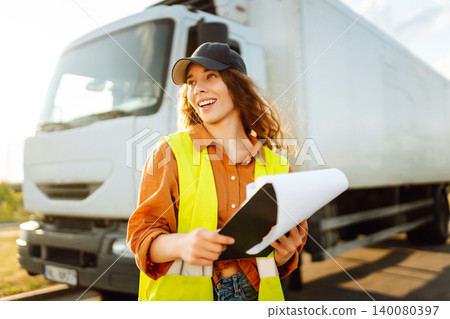 Young woman professional driver checking shipment list on a -parking lot. Transportation concept. 140080397