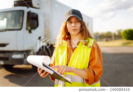 Young woman professional driver checking shipment list on a -parking lot. Transportation concept. Young woman professional driver checking shipment list on a -parking lot. Transportation concept. 140080410