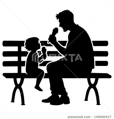 Father and child eating ice cream cones sitting on park bench Father and child eating ice cream cones sitting on park bench 140080427