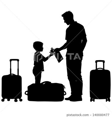 Father and son with suitcases preparing for travel silhouette at airport or station scene Father and son with suitcases preparing for travel silhouette at airport or station scene 140080477