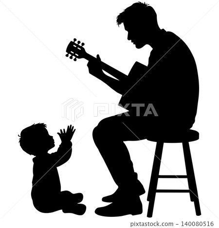 Man playing acoustic guitar for happy clapping baby silhouette illustration on white base Man playing acoustic guitar for happy clapping baby silhouette illustration on white base 140080516